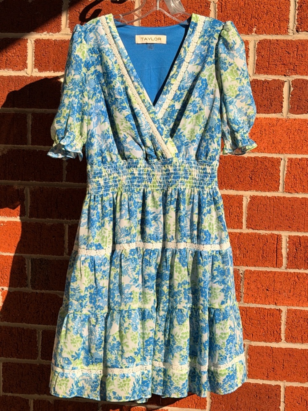 Taylor Blue & Lime Floral Tiered Wrap Midi Dress with Lace Trim —#129 - Picture 2 of 11